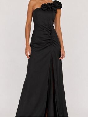 Emerald Sundae Black One-Shoulder Evening Gown with Rosette Accents